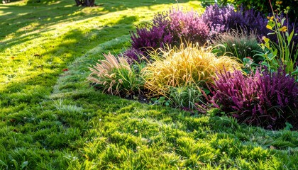 Garden bed features grass, purple shrubs, and tan ornamental grass in natural sunlight