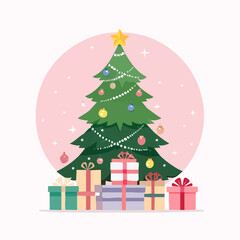 Fototapeta premium Christmas composition. Christmas tree with pile of presents, new year minimal concept