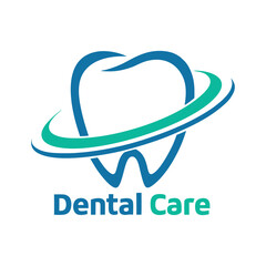Obraz premium Blue and green abstract swooshes encircling a stylized tooth with text Dental Care health hygiene