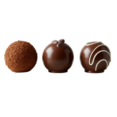 Obraz premium Three high-gloss gourmet chocolate truffles, uniquely adorned on a white plate, shallow depth of field, isolated on transparent background, concept of sophisticated indulgence.
