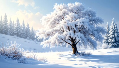 Snowy winter landscape with a large, frosted tree in a sun-drenched, hilly clearing
