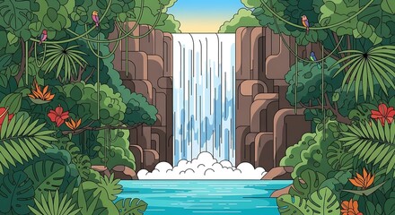 Waterfall in jungle scene.