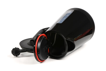 A black electric kettle on a white background.