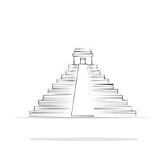 Stylized illustration of ancient Mesoamerican pyramid with stairs and a temple at the top