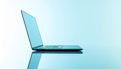 Modern laptop on blue background with reflection minimal design