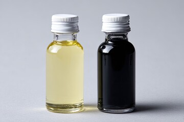 Two small bottles, one yellow, one dark, on a light gray surface