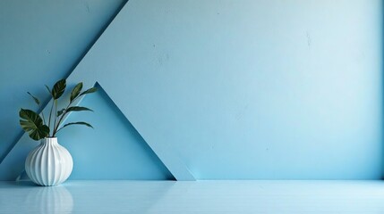 Serene Minimalist Interior Design with a Single Plant in a White Vase Against a Light Blue Wall Featuring Geometric Shapes