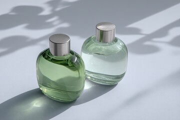 Two perfume bottles, light green and clear glass, on a light gray background with leaf shadows