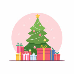 Christmas composition. Christmas tree with pile of presents, new year minimal concept