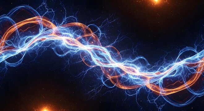 Abstract electric energy waves in blue and orange light intertwining across dark space background. Futuristic digital art with glowing plasma flow, dynamic motion and cosmic atmosphere.