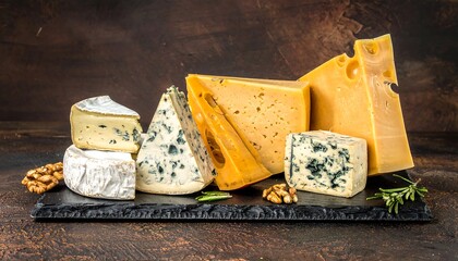 Assortment of cheese varieties artfully arranged on a slate board against dark backdrop