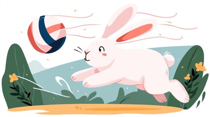 Rabbit playing with ball outdoors