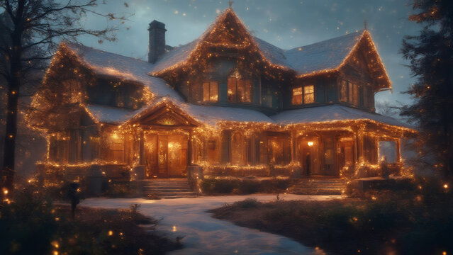Victorian house adorned with Christmas lights in snowy winter landscape.
