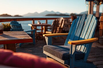 Outdoor waterfront patio at sunset.  Wooden chairs and tables