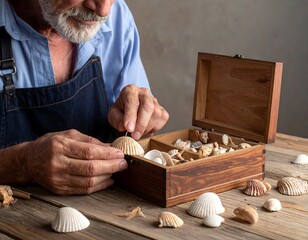 Senior craftsperson meticulously arranging seashells in a wooden box