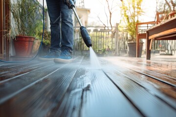Person cleaning a wooden deck with a power washer