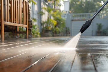 High-pressure water cleaning of wooden deck