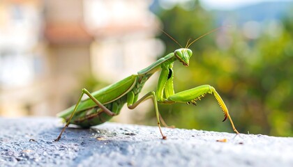 Green praying mantis perched upon textured surface, blurred buildings and foliage backdrop