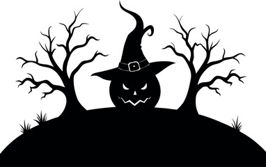 Halloween Pumpkin Silhouette with Hat on Top, Perched on Surface, Vector Illustration