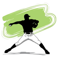 Baseball Pitcher in Action Silhouette with Green Background.