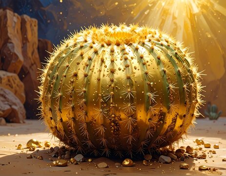 Golden cactus in desert landscape