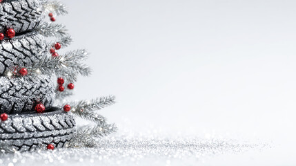 Car tires with garlands and fir branches, a festive decoration with space for text. New Year's in the industrial and transportation sectors
