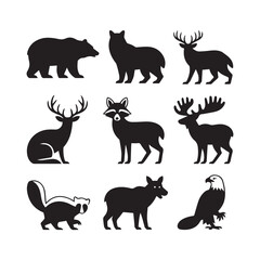 Obraz premium Vector art of silhouette of wild animals bear, wolf, deer, raccoon, moose, skunk, coyote, eagle in black and white style