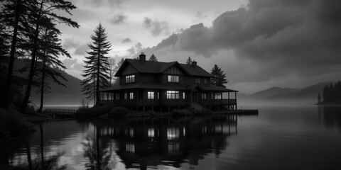 Fototapeta premium Timeless Lakeside Serenity Black and White Lake House A Classic Study in Light and Shadow