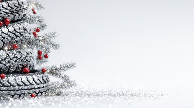 Car tires with garlands and fir branches, a festive decoration with space for text. New Year's in the industrial and transportation sectors