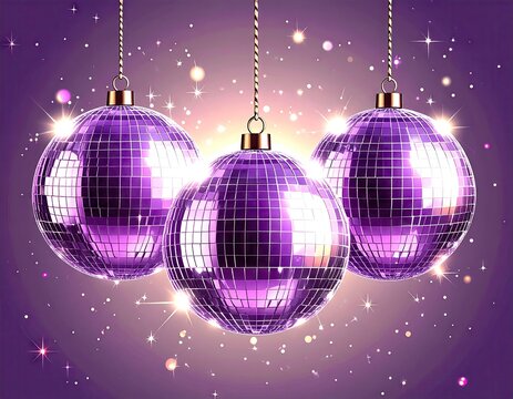 Three vibrant purple disco balls hanging with sparkling lights and bokeh effect.