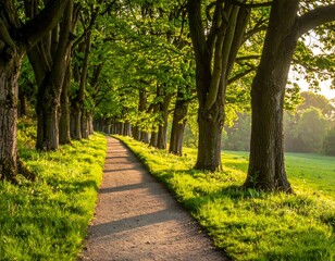 Sunlit path through a tree lined avenue