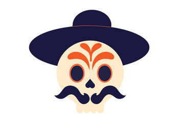 Day of the Dead sugar skull with mustache and wide-brimmed hat. Colorful Mexican Dia de los Muertos calavera illustration in traditional folk art style for cultural celebrations. High resolution PNG 