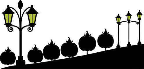Halloween Row of Small Pumpkin Silhouettes Along a Pathway, Vector Illustration, Flat Style 