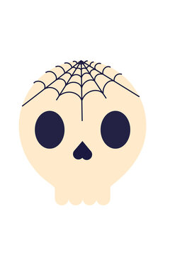 Vector illustration of a skull with spider web drawing. Spooky Halloween icon, and danse macabre motif. Ideal for October decorations, horror parties, trick-or-treat, and costume themes. High res PNG