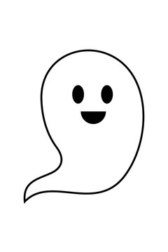 Halloween happy ghost with black outline and smile. Simple white spirit with joyful expression and curved tail for October spooky decorations, party and emotional character designs. High-res PNG