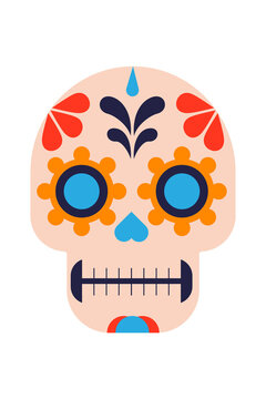 Colorful skull illustration with floral and geometric patterns. Festive Day of the Dead decoration design, perfect for Halloween, and Mexican cultural artwork. High resolution PNG isolated