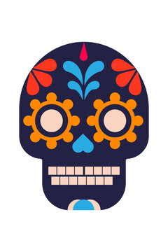 Colorful skull illustration with floral and geometric patterns. Festive Day of the Dead decoration design, perfect for Halloween, and Mexican cultural artwork. High resolution PNG isolated