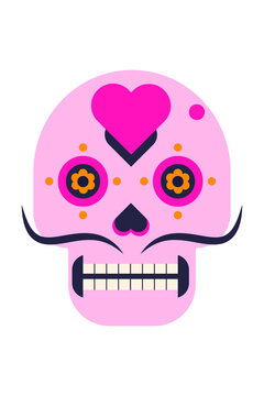 Fun, pink skull illustration with floral and geometric patterns. Festive Day of the Dead decoration design, perfect for Halloween, and Mexican cultural artwork. High resolution PNG isolated