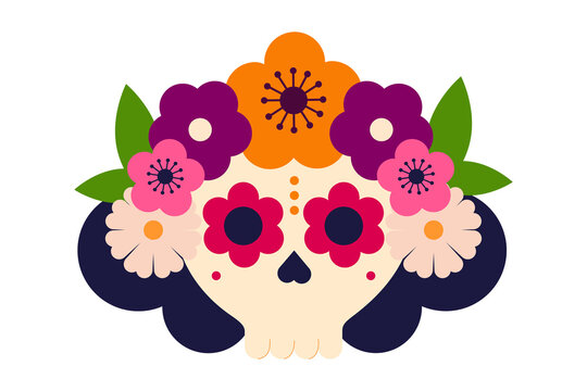 Skull illustration decorated with colorful flowers and leaves. Festive Day of the Dead calavera design, perfect for Dia de los Muertos, Halloween, and Mexican cultural artwork. High resolution PNG