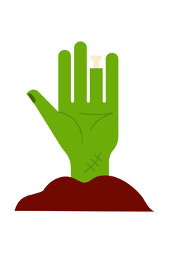Halloween zombie hand rising from grave with stitches and bone exposed. Green undead arm perfect for party, spooky October horror decorations and monster themed designs. High resolution PNG isolated