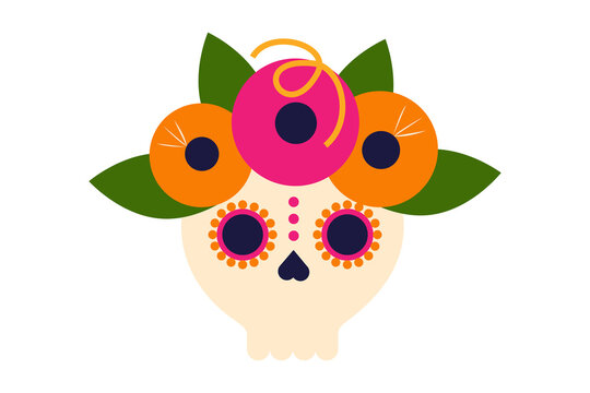 Simple skull illustration decorated with colorful flowers and leaves. Festive Day of the Dead calavera design, perfect for Dia de los Muertos, Halloween, and Mexican cultural artwork. High res PNG