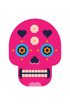 Colorful skull illustration with floral and geometric patterns. Festive Day of the Dead decoration design, perfect for Halloween, and Mexican cultural artwork. High resolution PNG isolated