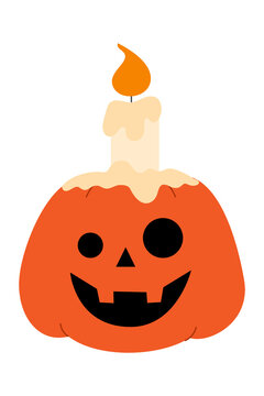 Halloween jack-o'-lantern pumpkin with lit candle and melting wax. Cute smiling carved pumpkin with orange flame for October holiday decorations and spooky autumn celebrations. High resolution PNG 