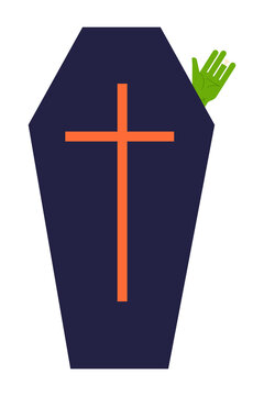 Halloween coffin illustration with a green monster hand sticking out and cross. Spooky gothic design perfect for Halloween decor, invitations, and seasonal digital art. High resolution PNG isolated