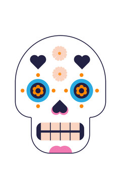 Outline of colorful skull illustration with floral and geometric patterns. Festive Day of the Dead decoration design, perfect for Halloween, and Mexican cultural artwork. High resolution PNG isolated