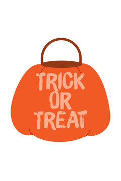 Halloween trick or treat bag in orange pumpkin shape with brown handle. Classic candy collecting bag with hand-lettered text for October holiday decorations and children's activities. High-res PNG