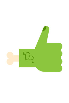 Halloween zombie thumbs up hand with heart tattoo and exposed bone. Green undead approval gesture with romantic arrow heart design for spooky October horror and love themed decorations. High res PNG