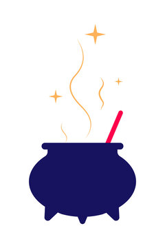 
Halloween witch cauldron with bubbling potion, magical steam and sparkles. Dark blue witchcraft pot with pink stirring spoon for spooky October holiday designs and supernatural themes. High res PNG