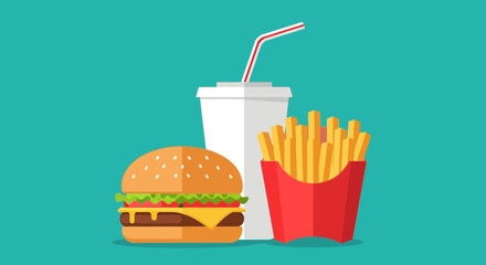 A classic fast food combo featuring a juicy hamburger, a serving of golden french fries in a red carton, and a tall white cup with a red and white striped straw, all set against a teal background