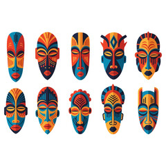 Colorful African tribal masks collection, cultural art design.